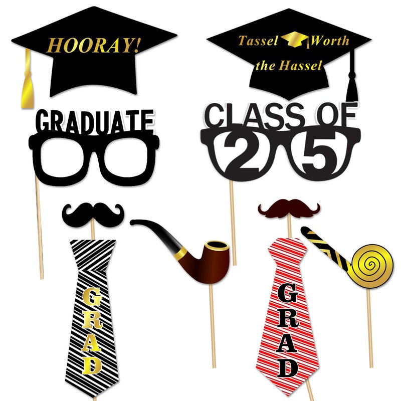 Konsait Graduation Photo Booth Props (50Count), Konsait Large Graduation Photo Props Class of 2025 Grad Decor with Sticks for Kids Boy Girl, Black and Gold, for Graduation Party Favors Supplies Decorations - Image 4